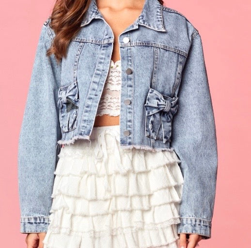 Denim Bow Cropped Jacket